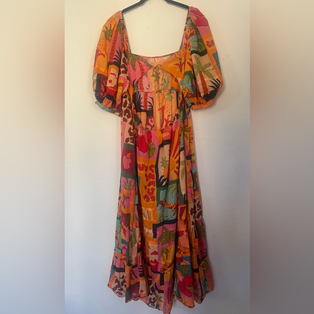 FARM Rio Tropical Collage Midi Square Neck Womens Dress Size L large Colorful - Picture 8 of 16